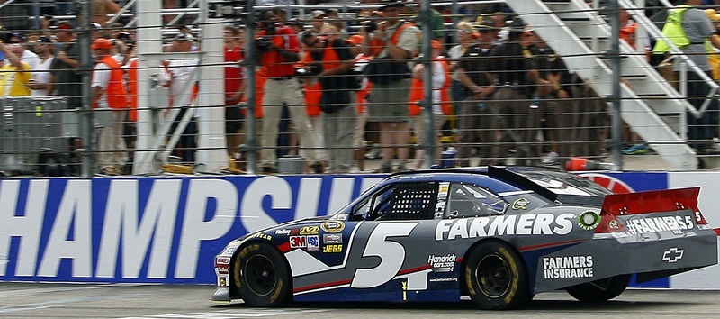 Kasey Kahne crosses the finish line to collect his second Sprint Cup victory of the year Sunday in the Lenox Industrial Tools 301 at New Hampshire Motor Speedway.