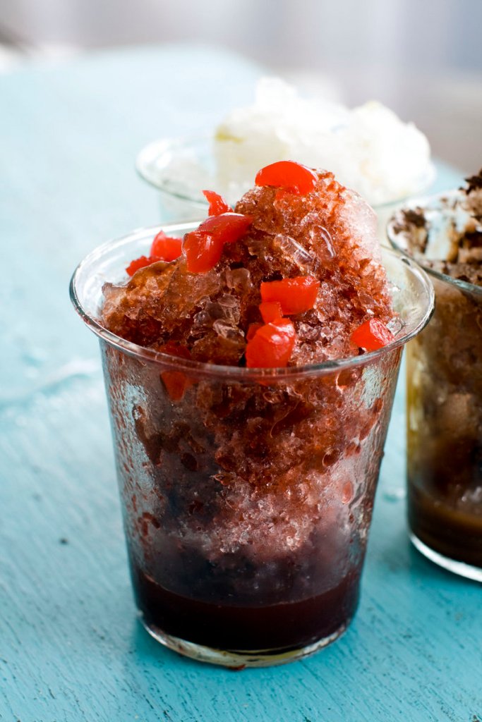 A cherry cola shaved ice, above, and a mocha version, below, can be whipped up at home with the help of an affordable ice-shaving machine.
