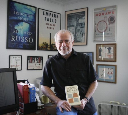 Richard Russo with "Interventions," his new book, which features art by his daughter, Kate Russo.