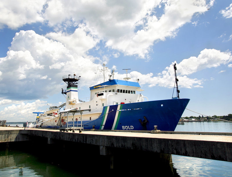 The ocean survey vessel Bold is docked at the International Marine Terminal in Portland on Monday before departing today with a crew of scientists and others who will map an area about 15 to 20 miles off the Maine coast. The new maps will focus on a 50-square-mile area that includes lobster fishing grounds and potential sites for wind turbines and cables.