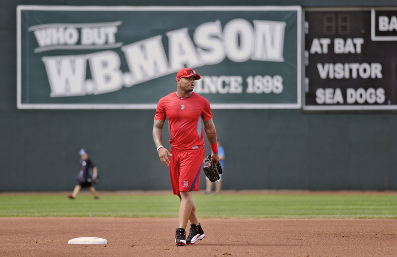 Carl Crawford, working out at Hadlock Field Monday, is likely to accompany the team on a three-game road trip to Manchester, N.H., after tonight.