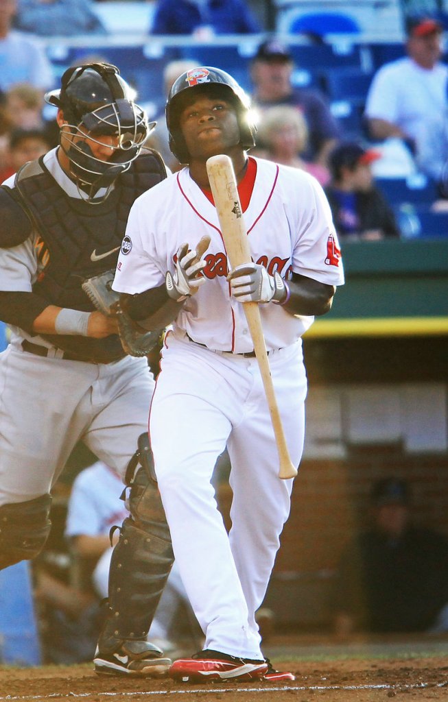 Portland’s Jackie Bradley Jr. grimaces after striking out in Sea Dogs’ 12-4 first-game loss to the Trenton Thunder at Hadlock Field on Monday.