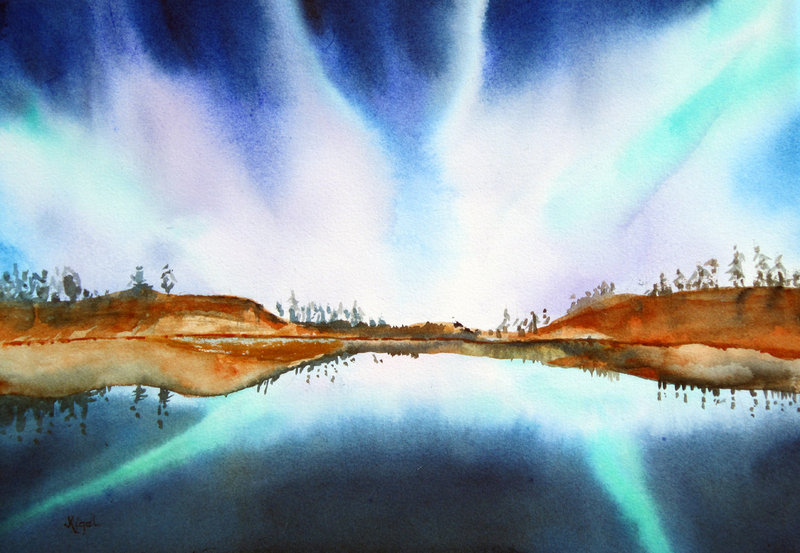 “Northern Lights IV” by Jean Kigel, from “Of Solar Flares and Northern Lights,” her show of watercolors and Asian brush painting at Archipelago in Rockland.
