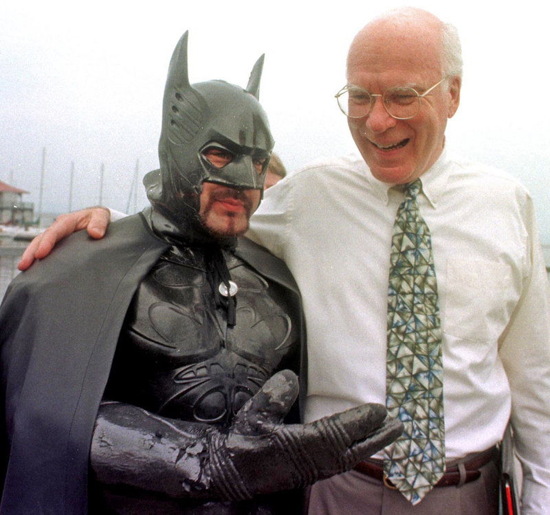 Sen. Patrick Leahy, D-Vt., jokes with “Batman,” also known as Ryan LeBlanc, in Burlington, Vt., in 1998. Leahy will appear in the next “Batman” movie.