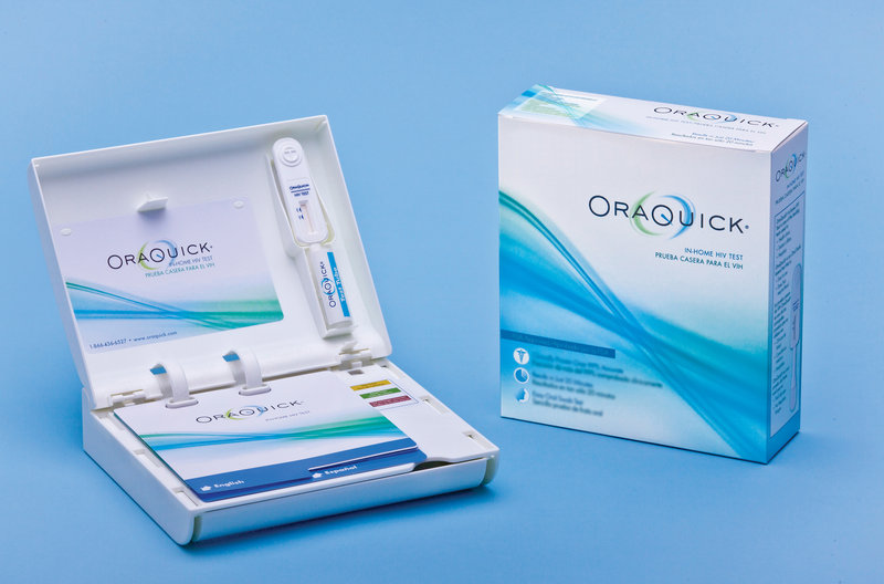 The OraQuick test detects the presence of HIV antibodies in saliva collected using a swab. The test is designed to return a result in 20 to 40 minutes.