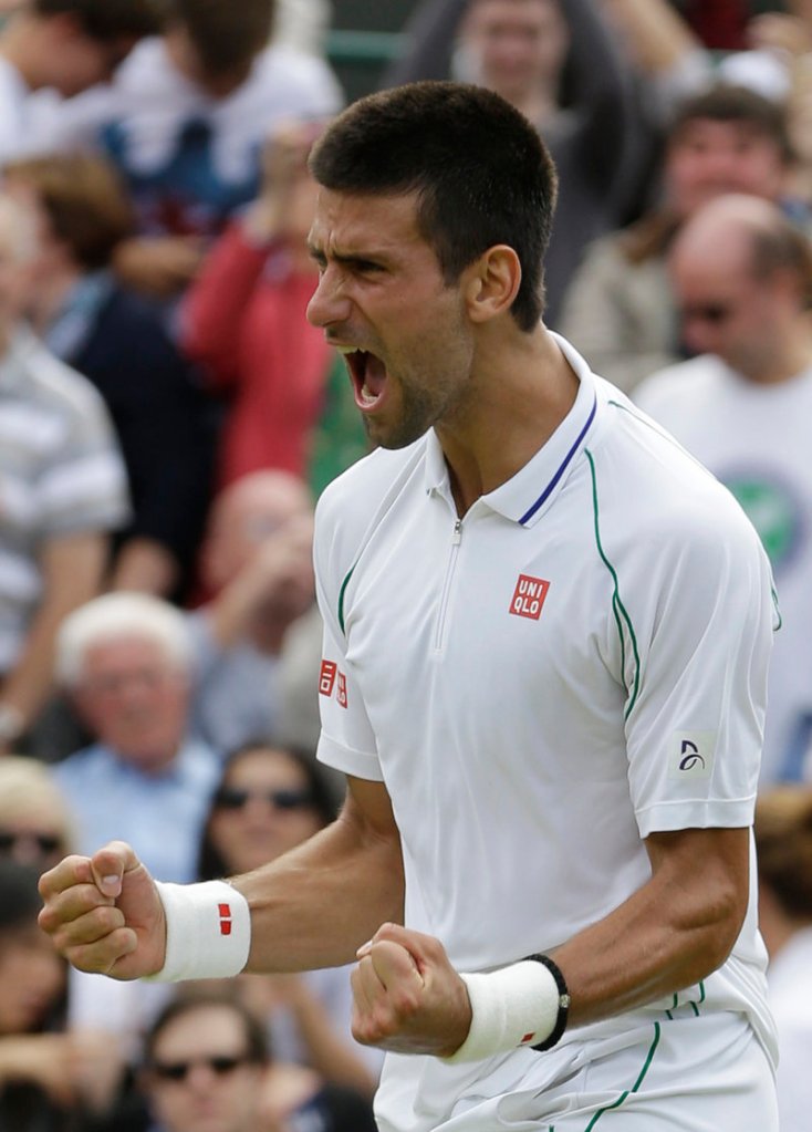 Novak Djokovic celebrates a win against Florian Mayer during a quarterfinals match Wednesday at Wimbledon. Djokovic finished off Mayer, 6-4, 6-1, 6-4.