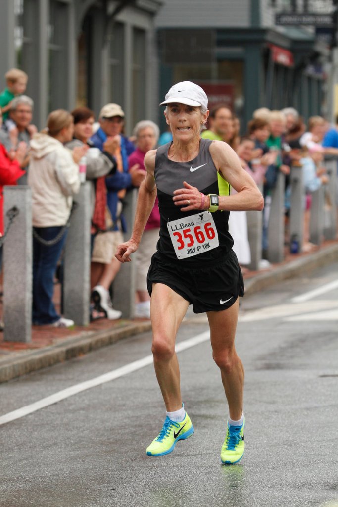 Joan Benoit Samuelson of Freeport finishes strong in fourth among women in the L.L. Bean 10K Road Race in Freeport.