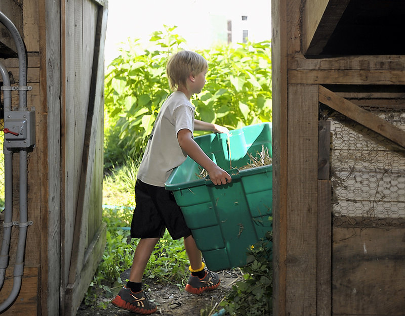 Cooper Johnson, 7, from Scarborough, moves a load of hay for the chicken coop at the Broadturn Farm. The farm camp gives youngsters a hands-on personal look at agriculture.