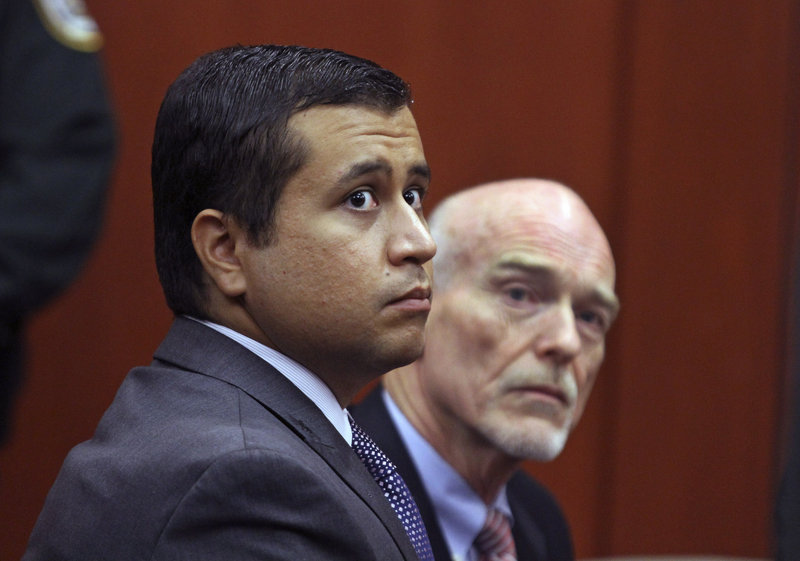 George Zimmerman, left, and attorney Don West appear before Circuit Judge Kenneth R. Lester Jr. during a bond hearing last month.