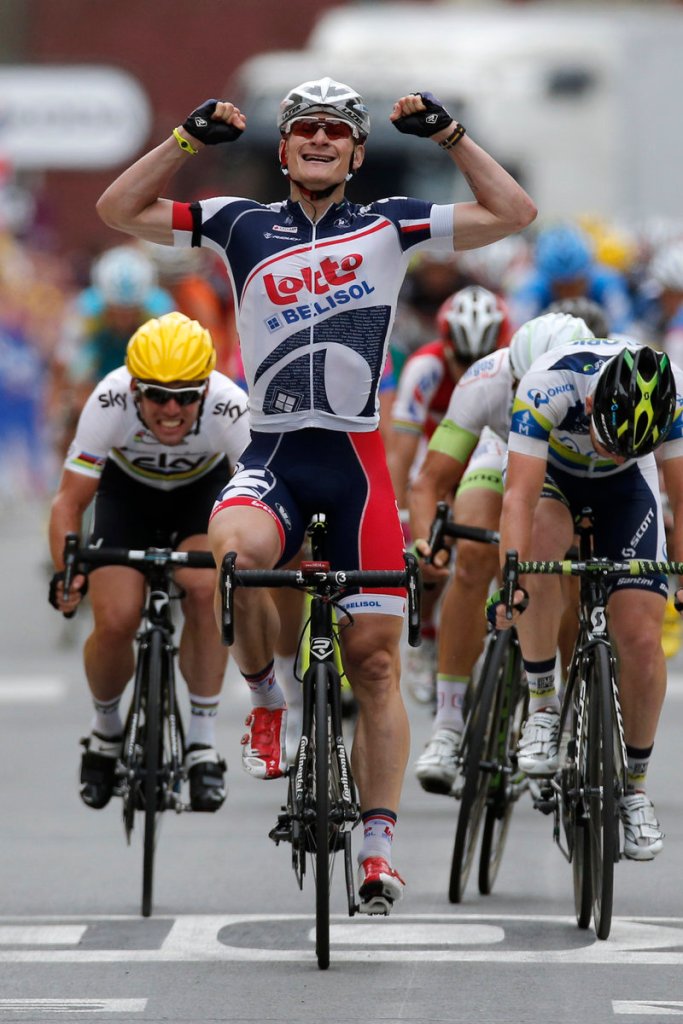 Andre Greipel crosses the finish line ahead of Mark Cavendish, left, and Matthew Harley Gross to win the fifth stage of the Tour de France.