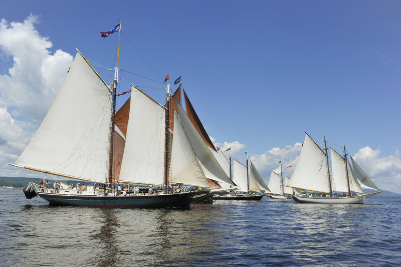 Schooners in the leeward class cross the starting line on Friday in Rockland in the Great Schooner Race. Nineteen schooners in four classes raced in the friendly competition from the Rockland Breakwater to Camden Harbor.
