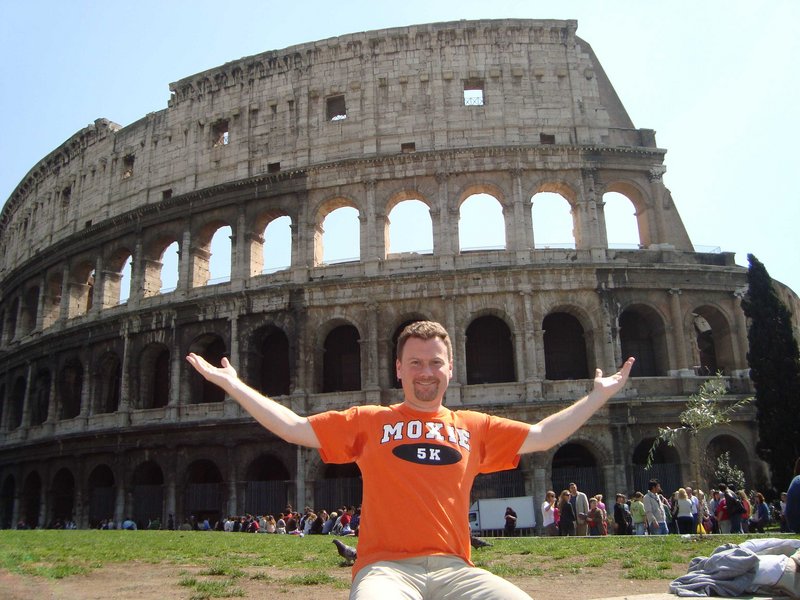 Brunswick native Tim Long wears his Moxie T-shirt at the Coliseum in Rome, above, and in the Sahara, below.