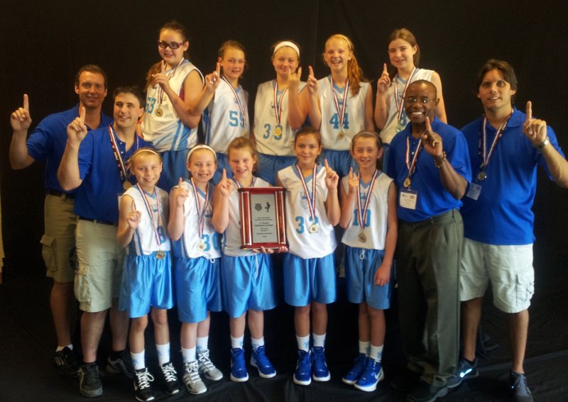 Members of the YES! fifth-grade girls’ basketball team, which won its bracket at the AAU national championships, from left to right: Front row – Isabel Dawson of Portland, Catherine Reid of Brunswick, Mackenzie Emery of Limington, Meghan Hoffses of Windham, Lucy Leen of North Yarmouth, head coach Dudley Davis and assistant coach Eric Dawson; Back row – Assistant coaches Lennie Holmes and Bob Emery, Mackenzie Holmes of Gorham, Claire Brady of Yarmouth, Meg Kelly of Portland, Julia Martel of Westbrook, and Mandy Mastropaqua of Portland.