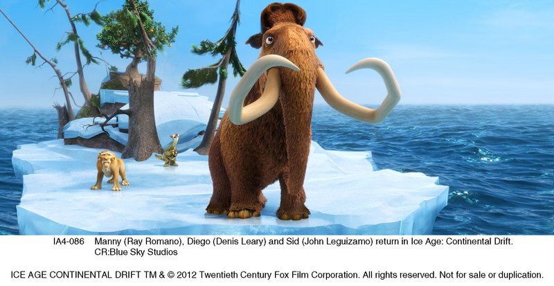 Manny (Ray Romano), Diego (Denis Leary) and Sid (John Leguizamo) return for new misadventures in “Ice Age: Continental Drift.”