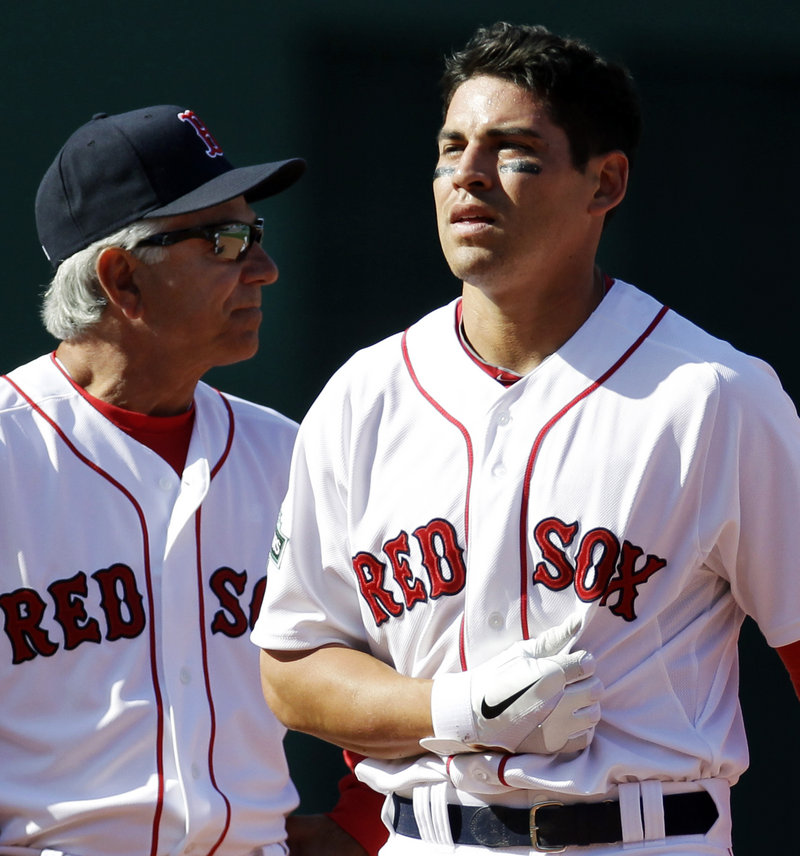 Jacoby Ellsbury, right, with Manager Bobby Valentine, played just seven games before being sidelined.