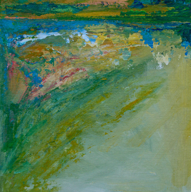 Sarah Gorham’s “Pond Light” is a study in mostly greens and blues.