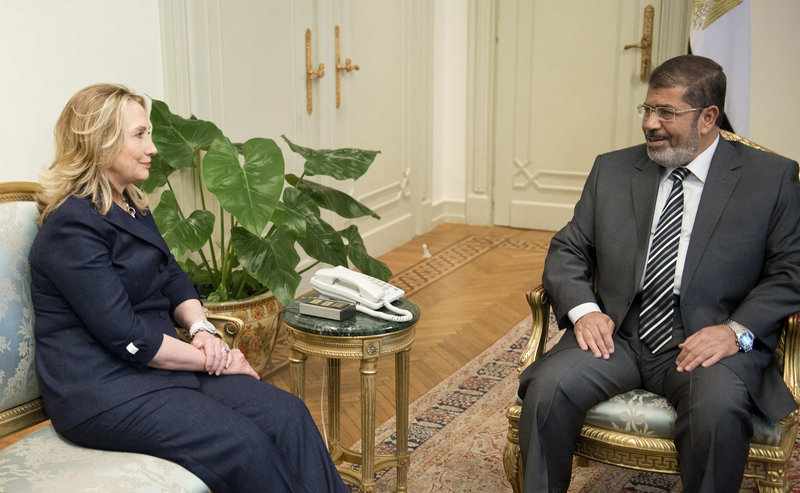 Secretary of State Hillary Rodham Clinton meets with Egyptian President Mohammed Morsi at the presidential palace in Cairo on Saturday.