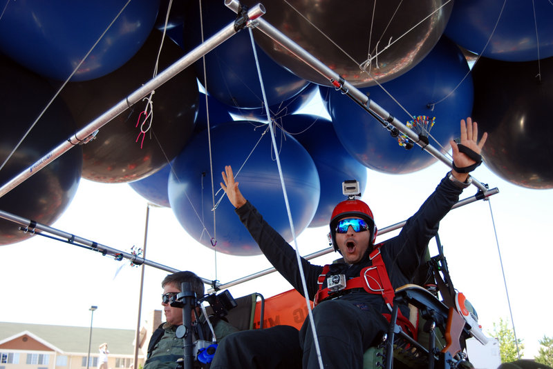 Iraqi adventurer Fareed Lafta, right, and gas station owner Kent Couch lift off Saturday from Couch’s station in Bend, Ore., as they attempt to fly some 360 miles to Montana as a warm-up for a flight planned in Iraq.