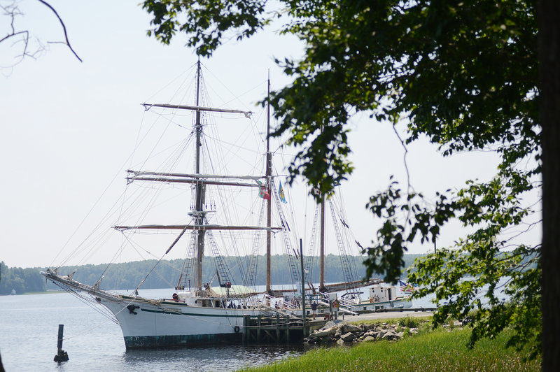 The square-rigged wooden sailing ship Gazela Primeiro floats dockside at the Maine Maritime Museum in Bath on Sunday. The Gazela, the oldest active ship of its kind in the U.S., was asked to visit as part of the museum’s 50th anniversary celebration.