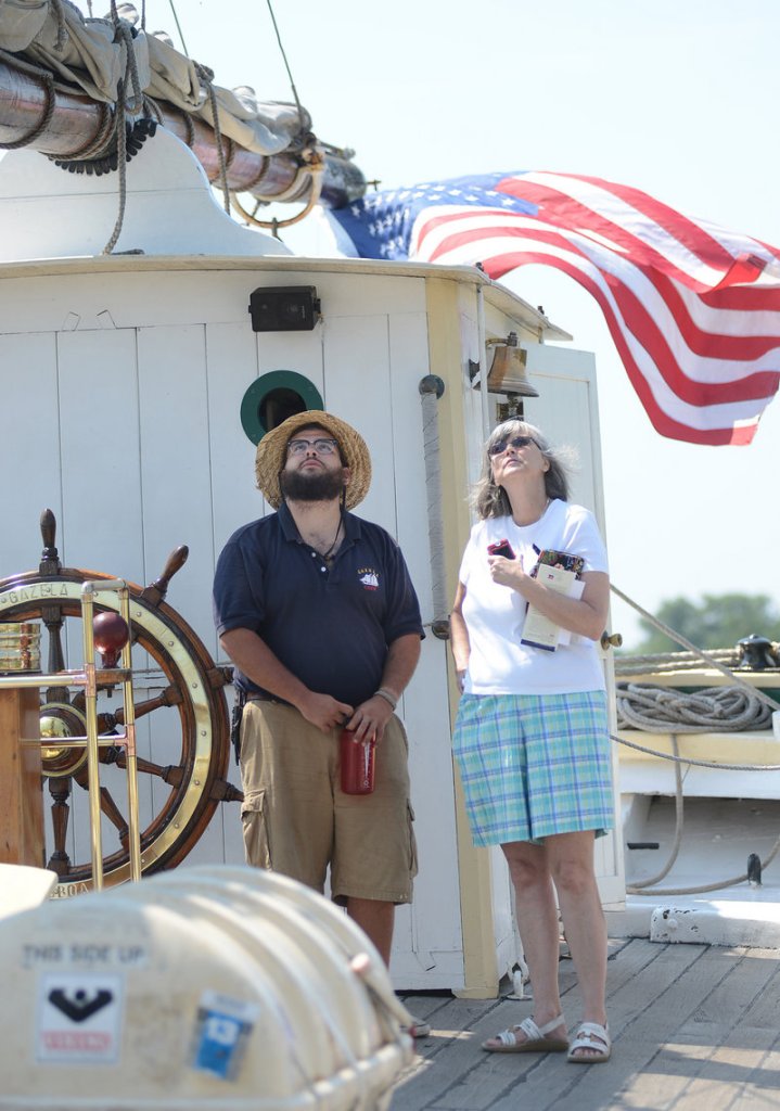 Patricia Caton of Bath looks up at the mast of the Gazela Primeiro. Deckhand Chuck Savoy was there to answer questions about the ship, which was built in 1832 and rebuilt in 1900. The Gazela is next headed to Halifax, Nova Scotia.