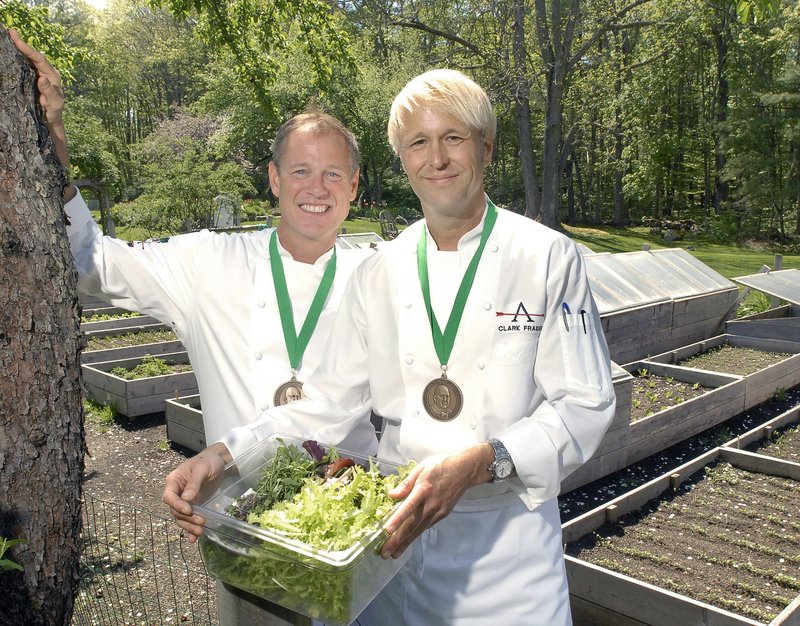 Chefs Mark Gaier and Clark Frasier, wearing the James Beard medals they won in 2010 for best chefs in the Northeast, grow produce and herbs in Ogunquit for their restaurants.