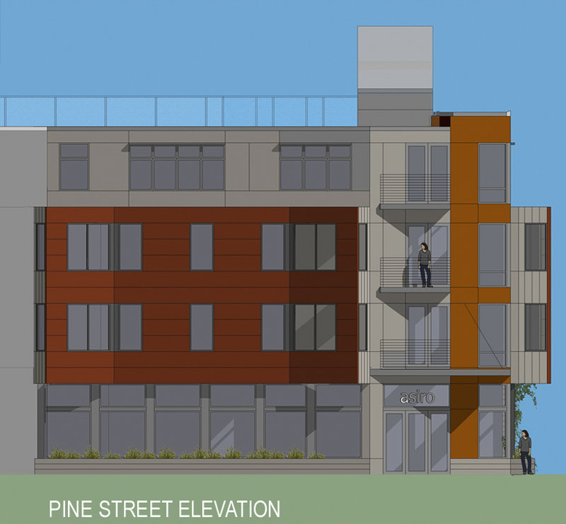 An architect’s rendering shows a four-story, mixed-use building Redfern Properties of Portland is proposing in the West End. Approvals are being sought, notably from the city’s Historic Preservation Board for demolition of a 1850s Cape Cod at 183 Brackett St.