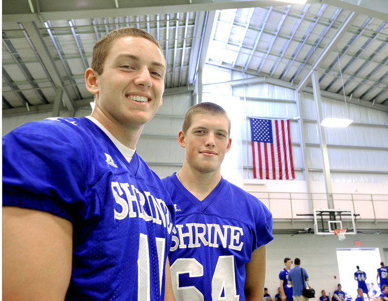 Cam Cooper of Bonny Eagle, left, and Alex Stilphen of Deering are sons of high school coaches and longtime friends who will play together for the first time Saturday.