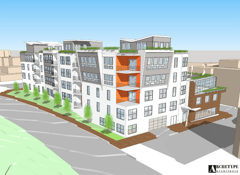An architectural rendering shows the Newbury Lofts proposal for 24 condominiums in a five-story building on Portland’s Franklin Street.