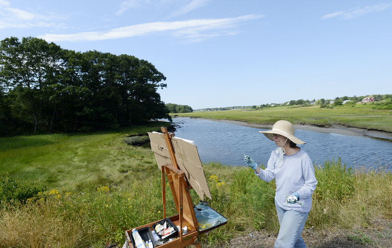 Janet Sutherland of Ipswich, Mass., paints the scenery along the Spurwink River in Cape Elizabeth on Sunday. She was among 32 artists who took part in the Cape Elizabeth Land Trust’s Paint for Preservation Wet Paint Auction.