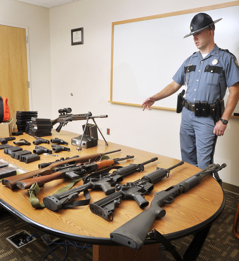 Maine State Police Trooper Philip Alexander seized several guns from Timothy Courtois of Biddeford following his arrest on a criminal speeding charge Sunday on the Maine Turnpike. A search of Courtois’ home turned up additional weapons including a machine gun and boxes of ammunition.