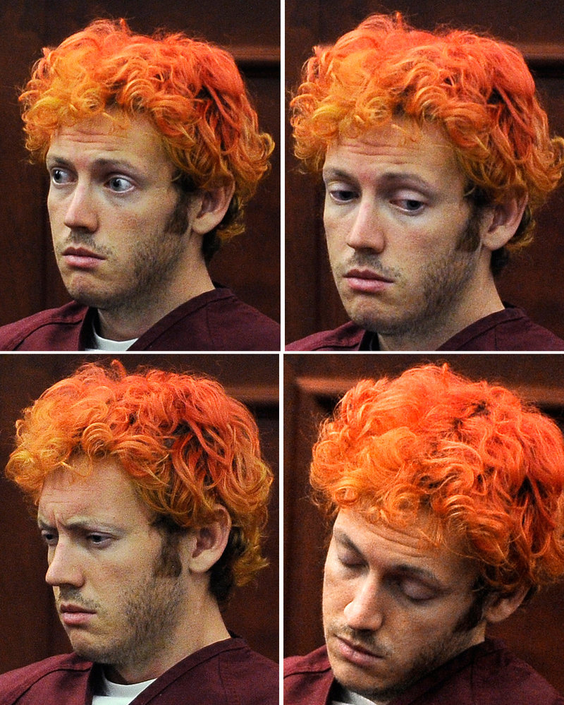 These photos show a variety of expressions on the face of James E. Holmes during his appearance at Arapahoe County District Court on Monday in Centennial, Colo.