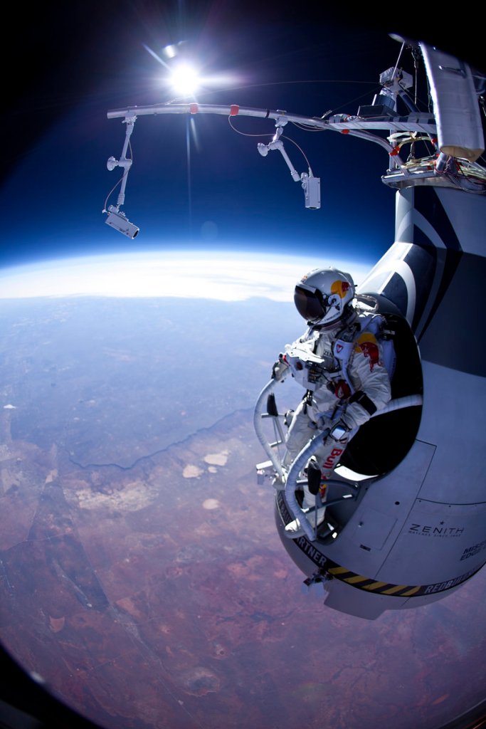 “Fearless Felix” Baumgartner prepares to jump March 15 over Roswell, N.M. He wears a full-pressure suit equipped with parachutes and an oxygen supply.