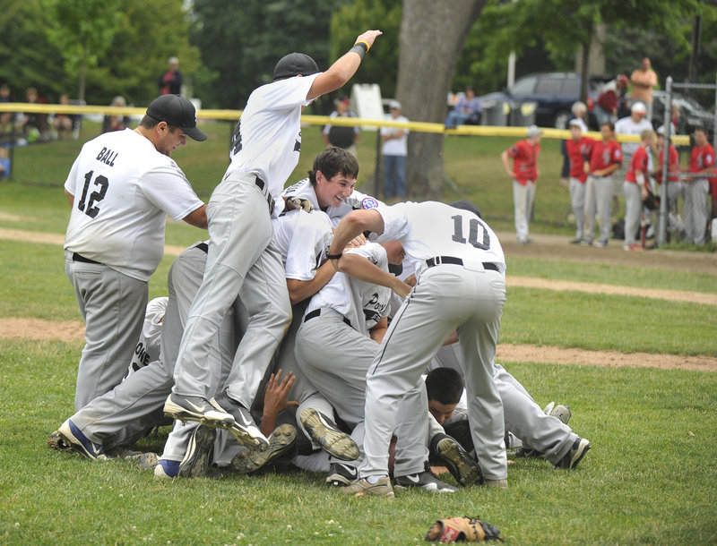 Pile-on time arrived Thursday for Portland after it captured the Babe Ruth state title for 13- to 15-year-olds with a 3-2 victory against Southern York at Deering Oaks. Portland will play in the New England tournament in August.