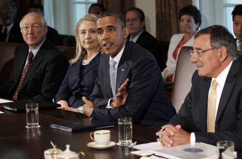 President Obama meets with members of his Cabinet at the White House in Washington on Thursday, including, from left, Interior Secretary Ken Salazar, Secretary of State Hillary Rodham Clinton, and Defense Secretary Leon Panetta.