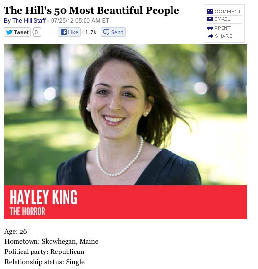 This image from the online version of The Hill shows the top of the story about Hayley King, a Skowhegan native who works for Sen. Olympia Snowe. The phrase “The Horror” beneath her name is a joke based on the fact that she shares a last name with horror writer Stephen King.