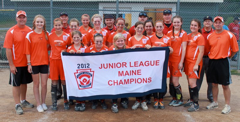 Biddeford’s Junior League Softball all-stars swept a best-of-three series against Cape Elizabeth to win the state championship and qualify for the Eastern Regional, starting Friday in West Haven, Conn. Team members, from left to right: Front row – Cassidy Gonneville, Kaitlin Miniutti, Katelyn Gonneville, Aibhlin O’Connor, Amber Magnant, Charlotte White, Abbie Paquette and Mananger Ray Magnant. Back – Coaches Norm Moody and Logan Kadlec, Erin Martin, Cara Boisvert, Kirsten Lebreux, Alyssa Myles, Jocelyn Moody, Briana Collard and tournament umpires. Missing from picture – Jessica Laverriere.