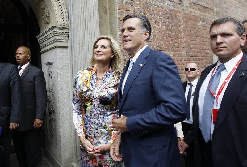 Mitt and Ann Romney arrive in Gdansk, Poland, Monday. In Israel, the GOP nominee’s musings on “culture” sparked Palestinian anger.