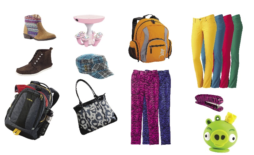 Top to bottom, first row: Candie’s ankle boots (Kohl’s); Rockadelic Sunday deck boots (Kohl’s); Mountainside backpack (L.L. Bean); second row: Locker chandelier (Staples); Mudd plaid cadet hat (Kohl’s); Cheetah laptop tote (Staples); third row: Critter pack (L.L. Bean); SO skinny zebra knit jeggings (Kohl’s); fourth row: SO five-pocket color skinny pants (Kohl’s); zebra stapler (Staples); Angry Birds flash drive (Staples).