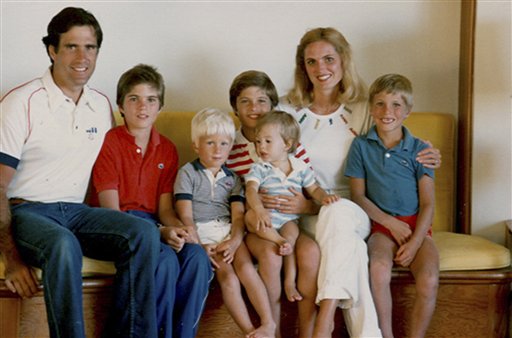 FILE - This 1982 file photo provided by the Romney for President, Inc., location unknown, shows the Romney family during summer vacation: from left, Mitt, Tagg, Ben, Matt, Craig, Ann and Josh Romney. To the yearbook editors at the all-girl Kingswood School, Ann Lois Davies' destiny seemed pretty obvious. "The first lady," the entry beside the stunning blond beauty's photo in the 1967 edition of "Woodwinds" concluded. "Quiet and soft spoken." (AP Photo/Courtesy of Romney Family)