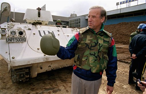 ADVANCE FOR SUNDAY, AUG. 19 AND THEREAFTER - FILE - In this April 9, 1993, file photo then-Sen. Joe Biden, D-Del. stands in front of a Danish armored personnel carrier at the UN-controlled Sarajevo Airport, making a statement about his trip to the besieged Bosnian capital. In May, after Joe Biden tripped up his boss by voicing support for same-sex marriage while the president remained on the fence, there was speculation about whether the remarks were spontaneous or deliberate. But to those who know Biden, there was no doubt. He was just speaking his mind. (AP Photo/Michael Stravato, File) Bosnia;conflict;Democrats;flak;jacket;in;foreign;countries;politicians;politics;Yugoslavia;xvppicx
