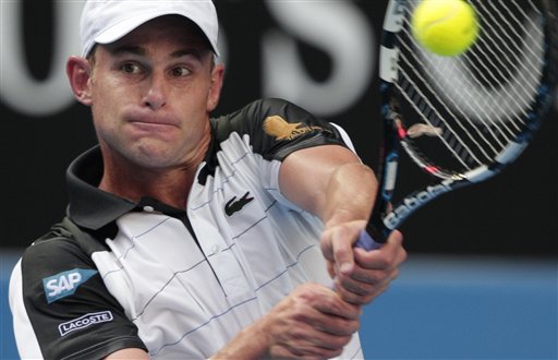 Andy Roddick of the United States returns a ball to Robin Haase of the Netherlands during their first round match at the Australian Open tennis championship, in Melbourne, Australia, Tuesday, Jan. 17, 2012. Roddick says he'll retire after the U.S. Open. (AP Photo/Rick Rycroft)