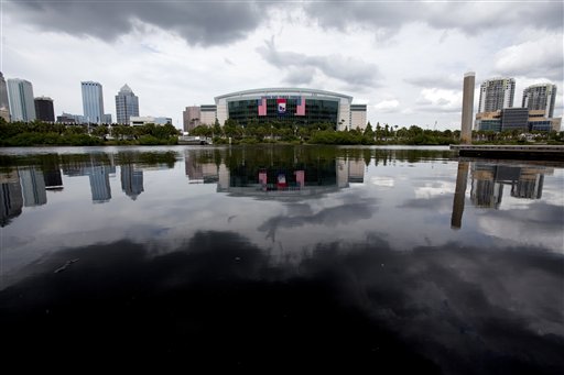In this photo taken Aug. 22, 2012, the Tampa Bay Times Forum, site of the 2012 Republican National Convention, is viewed across the water of the Garrison Channel from Harbour Island in downtown Tampa, Fla. Weather forecasts continue to show Florida in the path of Tropical Storm Isaac. (AP Photo/The Tampa Bay Times, Carolina Hidalgo) TAMPA OUT; CITRUS COUNTY OUT; PORT CHARLOTTE OUT; BROOKSVILLE HERNANDO OUT; USA TODAY OUT; MAGS OUT Add Keywords