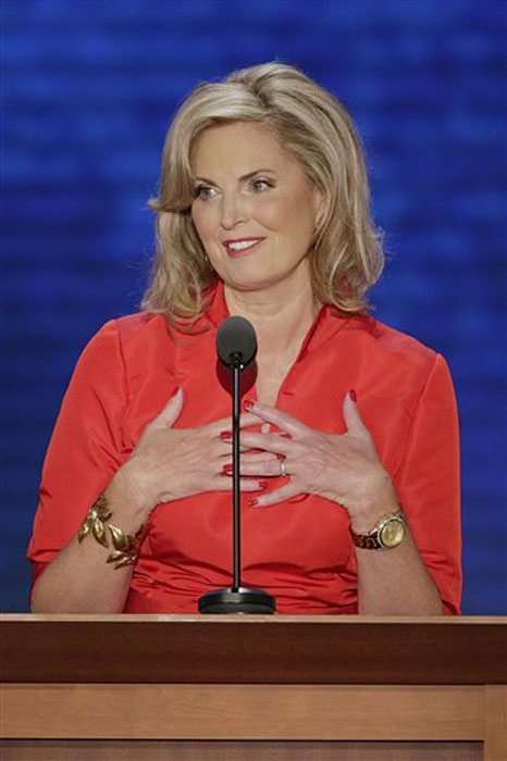 Ann Romney, wife of U.S. Republican presidential candidate Mitt Romney addresses the Republican National Convention in Tampa, Fla. on Tuesday, Aug. 28, 2012. (AP Photo/J. Scott Applewhite)