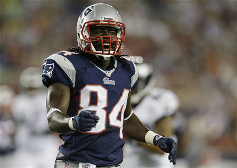 New England Patriots wide receiver Deion Branch (84) against the Philadelphia Eagles during the first quarter of an NFL preseason football game in Foxborough, Mass., Monday, Aug. 20, 2012. (AP Photo/Elise Amendola)