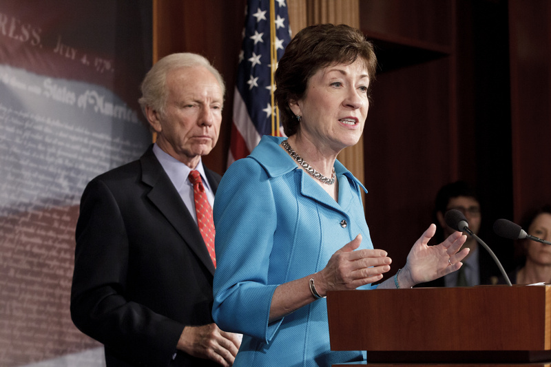 Sen. Susan Collins, R-Maine, accompanied by Sen. Joseph Lieberman, I-Conn., speaks at a news conference last week about legislation to protect critical U.S. industries and other corporate networks from cyberattacks and electronic espionage. The bill was filibustered in the Senate on Thursday, and Collins chided her colleagues for failure to move the bill forward.