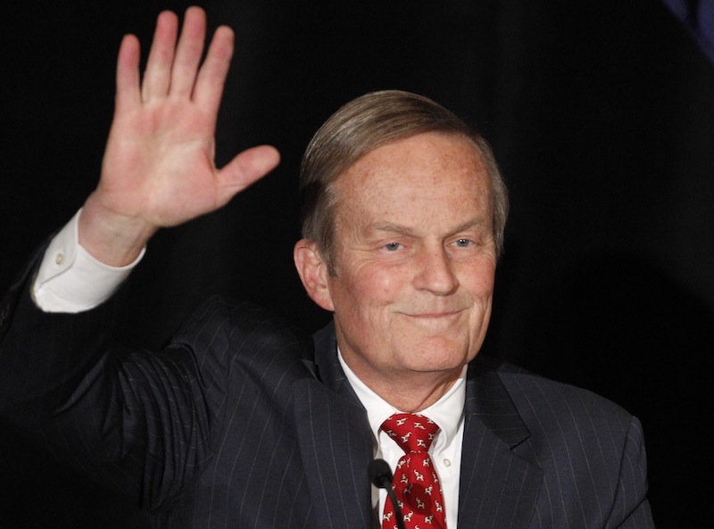 In this Feb 18, 2012 file photo, Senate candidate Rep. Todd Akin, R-Missouri, waves to the crowd while introduced at a senate candidate forum during a Republican conference in Kansas City, Mo. The two losing candidates in the Republican primary for Missouri's U.S. Senate seat are getting renewed attention after Akin's comments about rape on Sunday, Aug. 19, 2012. (AP Photo/Orlin Wagner, file)