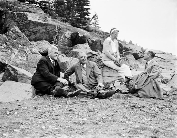 President Franklin D. Roosevelt and first lady Eleanor Roosevelt at a picnic on Campobello Island on July 30, 1936. Their guests were Allison Dysart, left, premier of New Brunswick, and J.B. McNair, right, attorney general of New Brunswick.