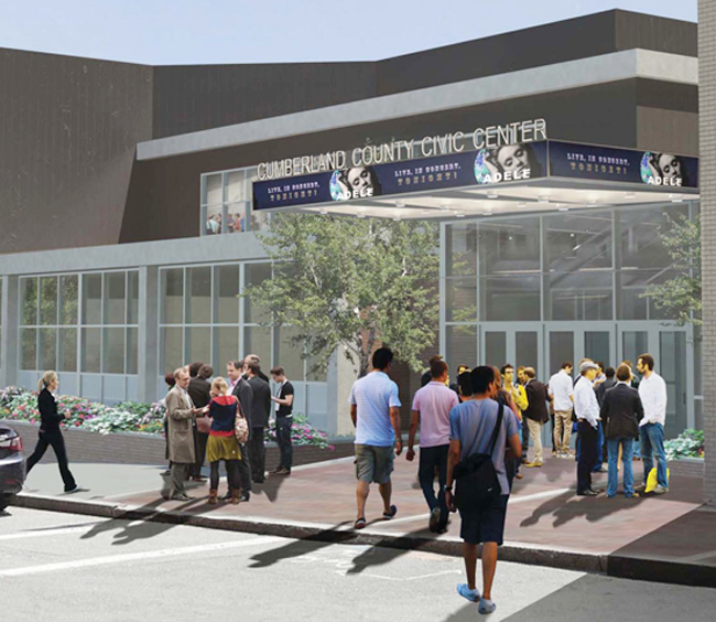 Artist's rendering of Cumberland County Civic Center's future Free Street entrance, where construction is starting.