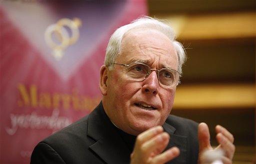 Bishop Richard Malone speaks at a news conference about the church's opposition to same-sex marriage on March 2, 2012, in Portland.