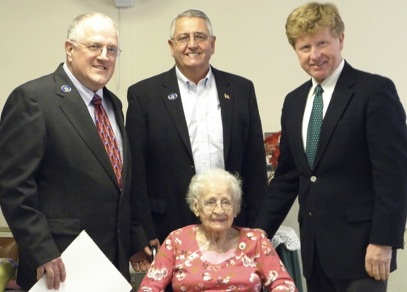 Dolly Ingalls, the most recent owner of Windham’s Boston Post cane, is shown with, from left, state Reps. Mark Bryant and Gary Plummer and state Sen. Bill Diamond. Ingalls, who died in March at age 102, was proud to receive the cane and liked showing it to visitors.